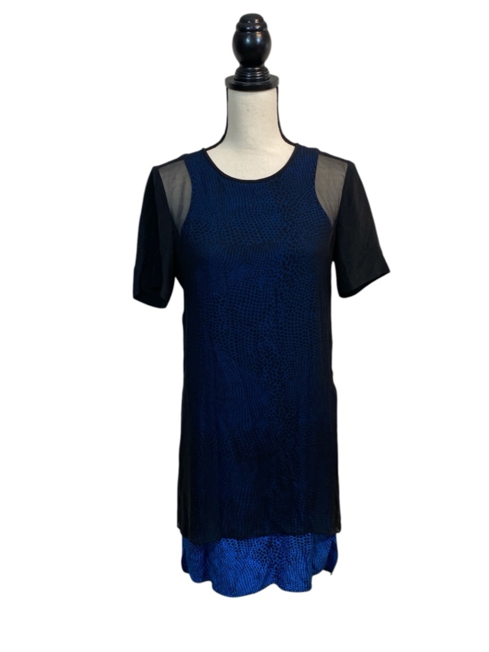 Tibi Silk Blue and Black Short Silk Sleeve Shift Dress Size 2